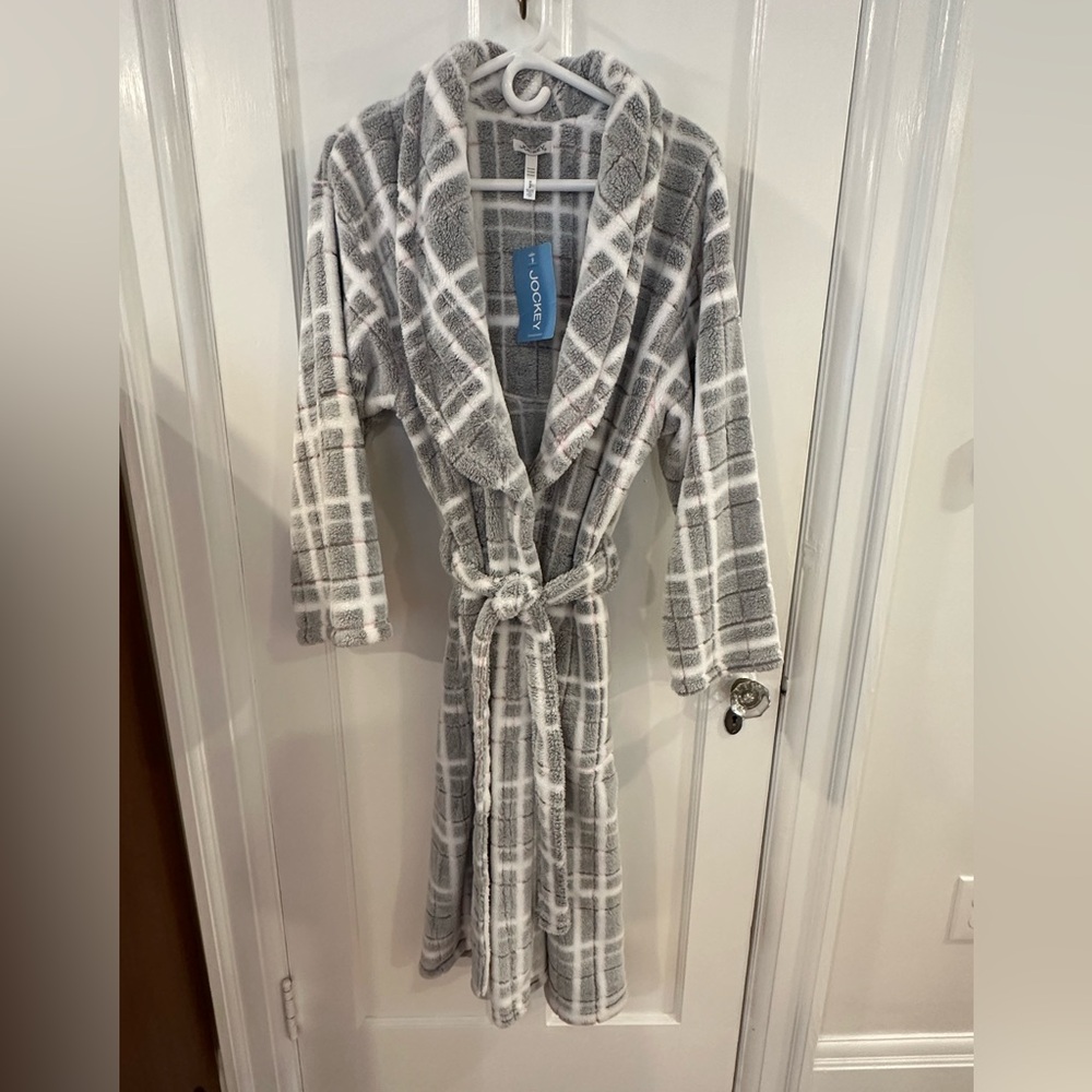 Jockey Women Gray Plaid Long Sleeve Fleece Wrap Style Robe Size M - Brand New!!